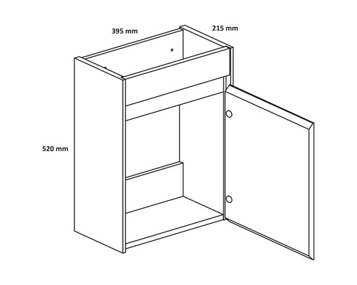 Ritning av ett väggskåp med dörr och hyllor med måtten 395 mm x 215 mm x 520 mm.