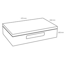 Bild av en förvaringslåda med måtten 470 mm bred, 260 mm djup och 100 mm hög.