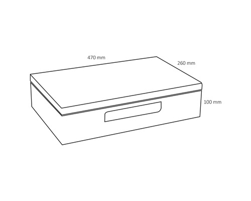 Bild av en förvaringslåda med måtten 470 mm bred, 260 mm djup och 100 mm hög.