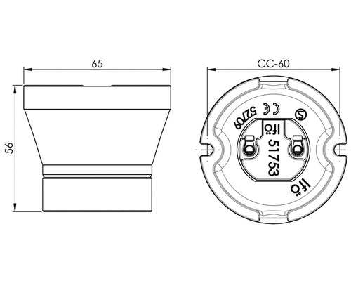 Teknisk ritning av en lampsockel med måttangivelser