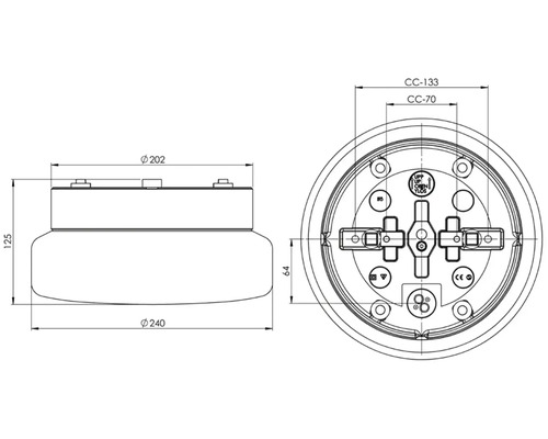 Teknisk ritning av en rund enhet med mått