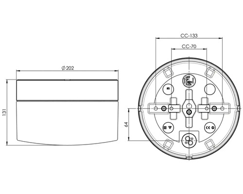 Teknisk ritning av en rund LED-takstrålkastare med måttangivelser
