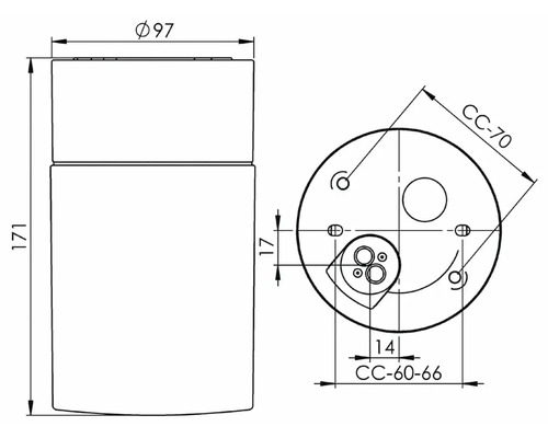Teknisk ritning av ett cylindriskt objekt med måttangivelser