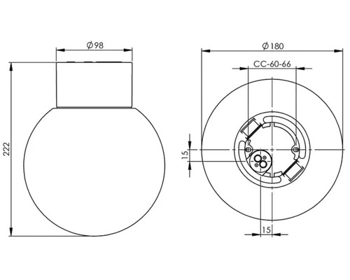 Teknisk ritning av en sfärisk lampa med dimensioner