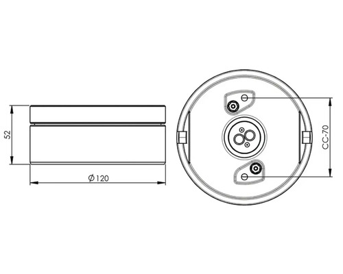 Teknisk ritning av en rund infällningsdosa med måtten 52 mm höjd och 120 mm diameter.