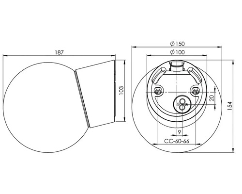 Teknisk ritning av en lampa med mått