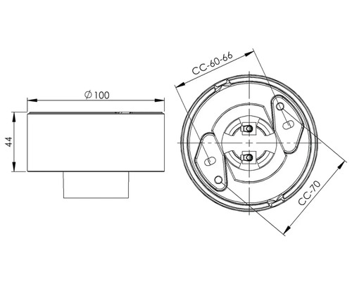 Teknisk ritning av en ytmonterad lampa med måtten 100 mm i diameter och 44 mm i höjd