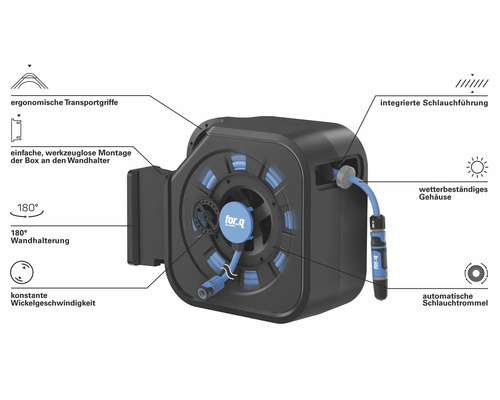 Automatisk slangvinda med väderbeständigt hölje och ergonomiska bärhandtag