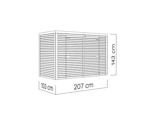 Konturskiss av ett trädgårdshus med måtten 207 x 103 x 143 centimeter