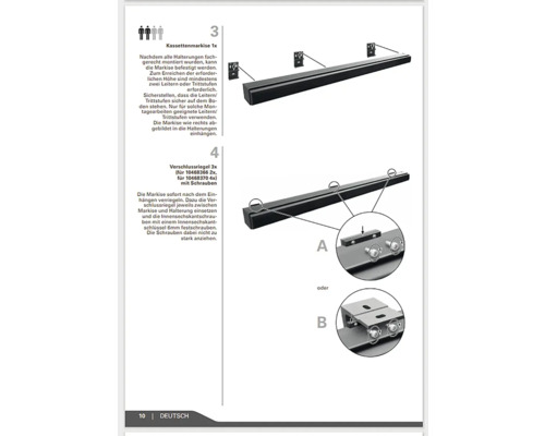 Instruktioner för montering av en kassettmarkis med fästen och låsspärrar