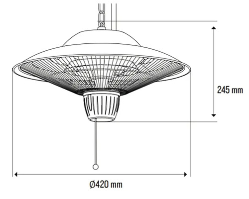 Teknisk ritning av en värmelampa med måtten 420 millimeter i diameter och 245 millimeter i höjd