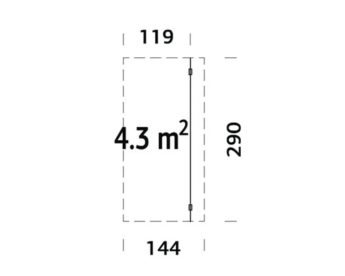 Planritning med mått: 4,3 kvadratmeter, 119 och 144 samt 290 centimeter