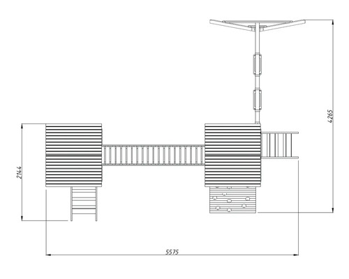 Översikt över en lekplats med två lektorn, en hängbro, en klättervägg och en rutschkana med måtten 2144, 4265 och 5575.