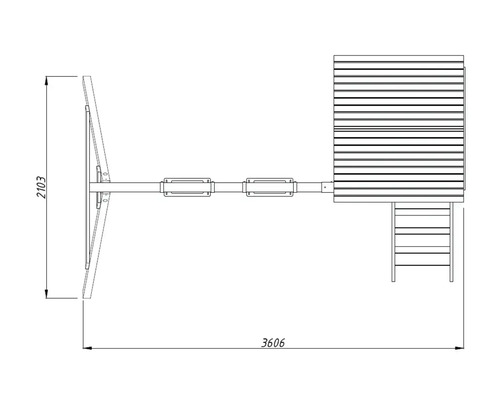 Vy från ovan av en lekstuga med rutschkana och stege, med mått på höjd och bredd
