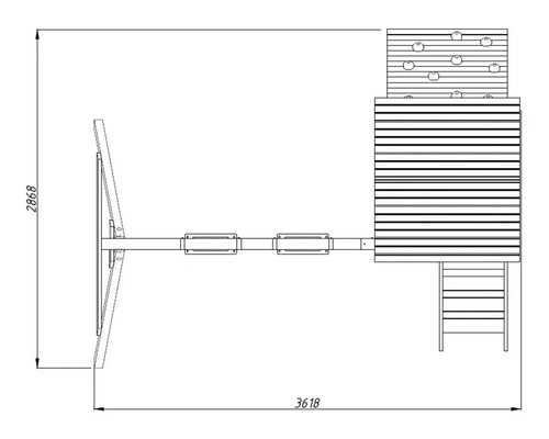 Översikt över ett lektorn med rutschkana, klättervägg och stege med mått