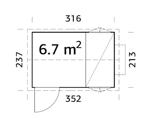 Planritning av ett trädgårdshus med yta och måttangivelser