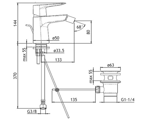 Teknisk ritning av en armatur med måttangivelser