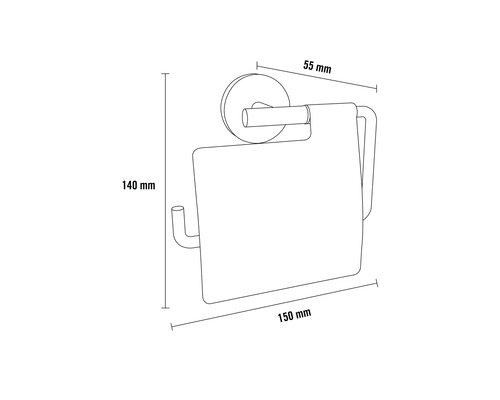 Teknisk ritning av en toalettpappershållare med måtten 140 mm höjd, 150 mm bredd och 55 mm djup.