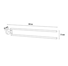Dubbel handdukshängare med måtten 480 mm längd, 52 mm djup och 77 mm höjd.