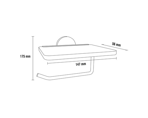 Teknisk ritning av en toalettpappershållare med hylla och mått