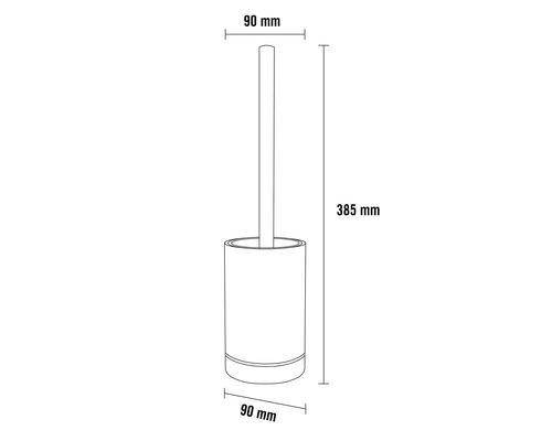 Toalettborstgarnitur med en höjd på 385 mm och en diameter på 90 mm.