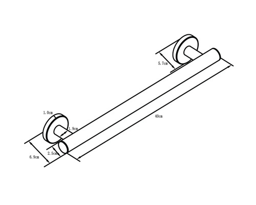 Ritning av ett 40 centimeter långt stöd med måtten 1,0 centimeter, 1,9 centimeter, 2,5 centimeter, 5,7 centimeter och 6,9 centimeter.