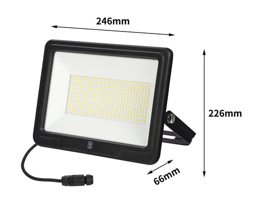LED-strålkastare med måtten 246 mm x 226 mm x 66 mm