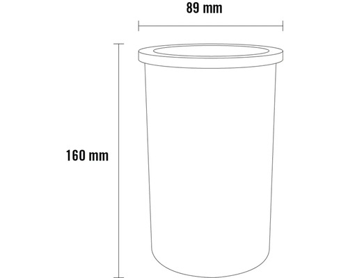 Teknisk ritning av en behållare med måtten 160 mm höjd och 89 mm diameter