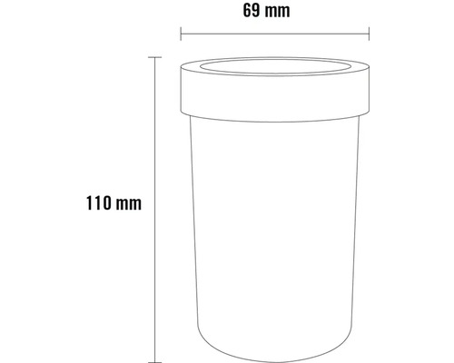 Skiss av en behållare med måtten 110 mm hög och 69 mm diameter.
