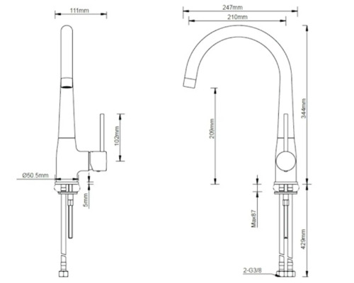 Teknisk ritning av en köksblandare med mått