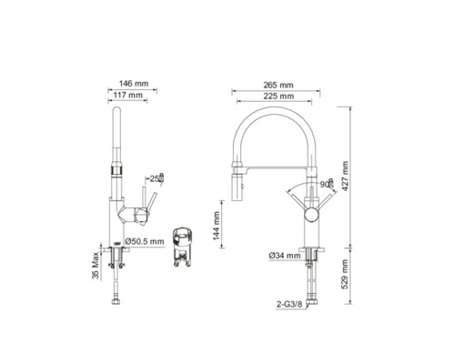 Måttsatt ritning av en köksblandare med olika vyer och mått.