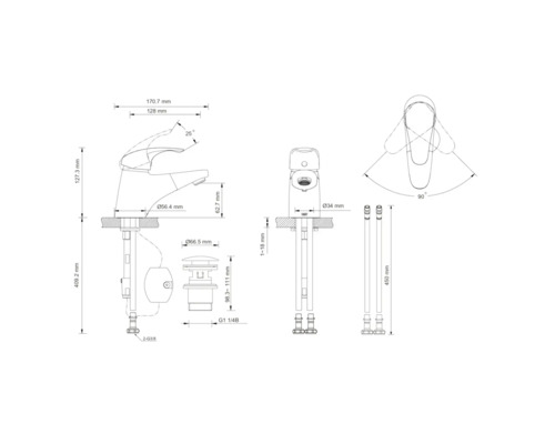 Måttritning av en armatur med tillhörande mått.