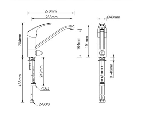 Teknisk ritning av en köksblandare med mått