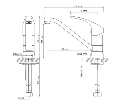 Teknisk ritning av en armatur med mått