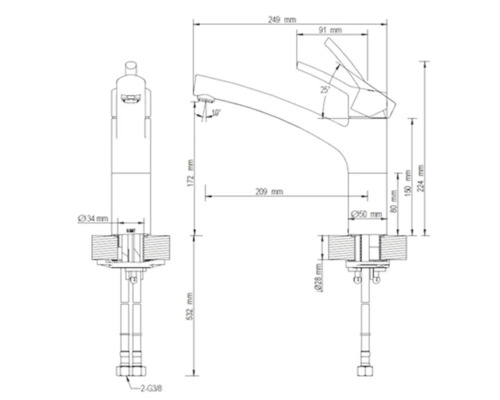 Teknisk ritning av en armatur med måttangivelser