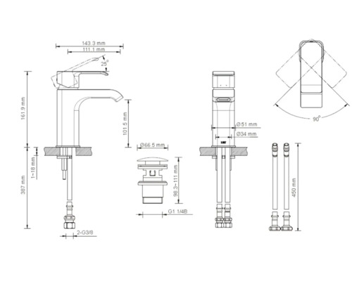 Teknisk ritning av en vattenkran med måttangivelser