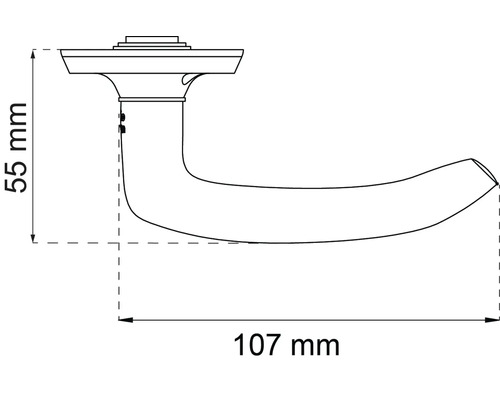Teknisk ritning av ett dörrhandtag med mått: 55 mm högt och 107 mm långt