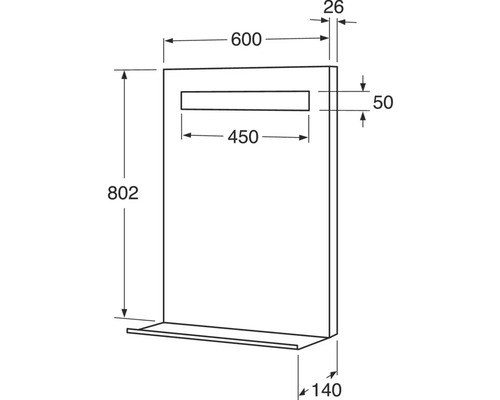 Teknisk ritning av ett spegelskåp med mått.