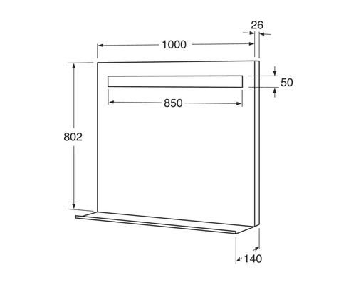 Teknisk ritning av en spegel med hylla och belysning, mått i millimeter.