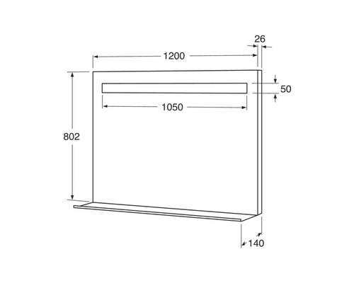 Teknisk ritning av ett spegelskåp med belysning och måttangivelser.