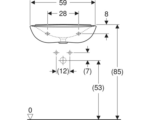 Teknisk ritning av ett tvättställ med mått.