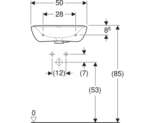 Teknisk ritning av ett tvättställ med måttangivelser
