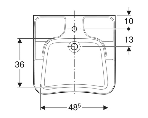 Teknisk ritning av ett handfat med måttangivelser