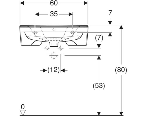 Teknisk ritning av ett handfat med måttangivelser