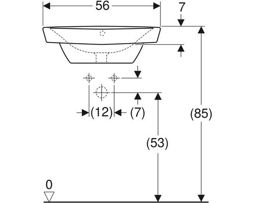 Teknisk ritning av ett tvättställ med mått.