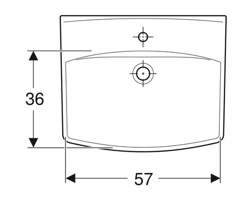 Teknisk ritning av ett tvättställ med mått: 36 x 57 centimeter.