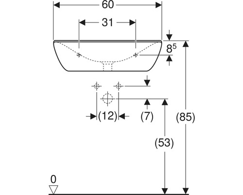 Teknisk ritning av ett handfat med måttangivelser