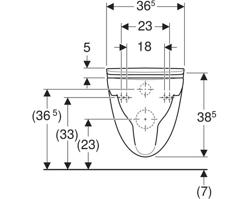 Teknisk ritning av en vägghängd toalett med mått.