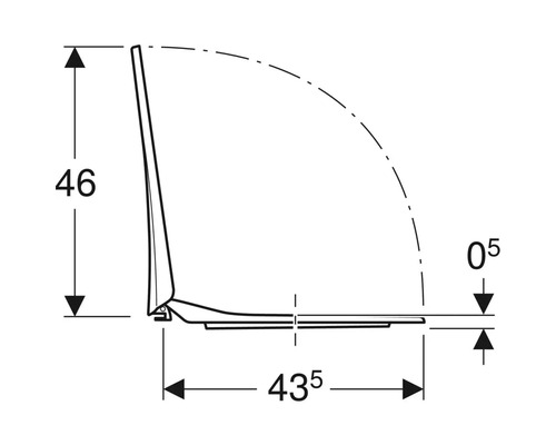 Teknisk ritning av en toalettsits med måtten höjd 46 cm och djup 43,5 cm