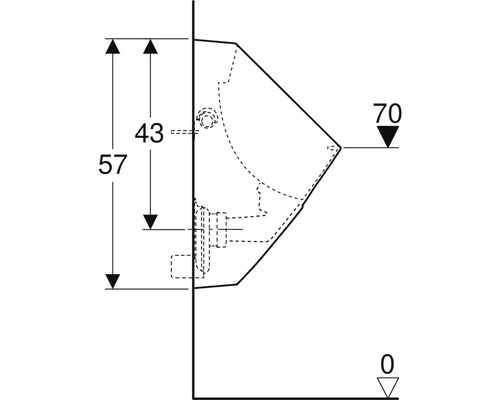 Teknisk ritning av en vinkelventil med måttangivelser